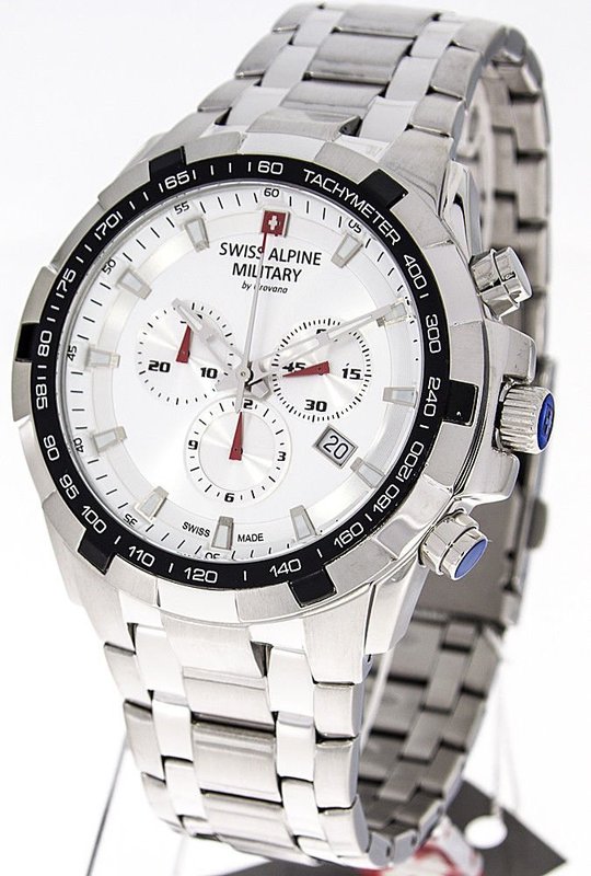 SWISS ALPINE MILITARY star fighter Ref. 7043.9132SAM STEEL-WHITE BRACELET  46MM QUARTZ CHRONOGRAPH CAL. RHQ 5030.D - Swiss made watches - SwissTime